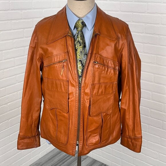 Vintage Unbranded Jacket Mens 42 Carmel Brown Leather Zip Waist Tabs Suede Lined - Picture 1 of 16